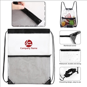 Transparent PVC Drawstring Backpack With Front Zipper Mesh Pocket
